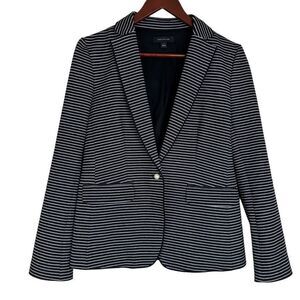 Ann Taylor Womens Black White Striped Blazer Jacket w Pearl Buttons Size 6